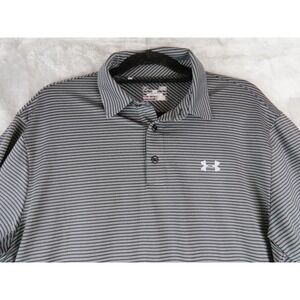 Under‎ Armour Mens Golf Polo Shirt Gray Striped HeatGear Loose Fit Large